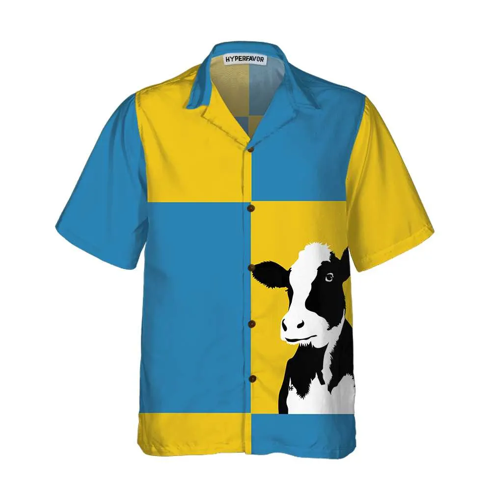 Cow On Yellow And Blue Background Hawaiian Shirt, Cow Shirt For Men & Women, Funny Cow Print Shirt