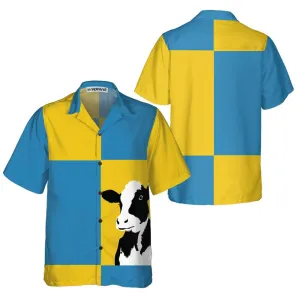 Cow On Yellow And Blue Background Hawaiian Shirt, Cow Shirt For Men & Women, Funny Cow Print Shirt