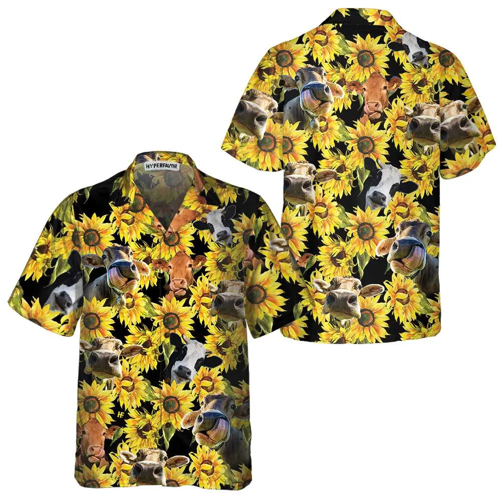 Cow With Sunflower Hawaiian Shirt, Tropical Cow Shirt For Men And Women, Funny Cow Print Shirt Gift Idea