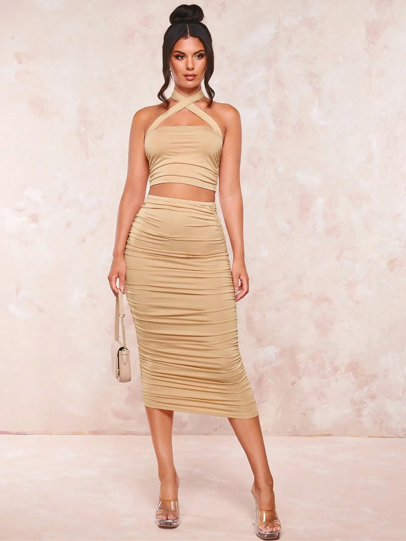 Crisscross Backless Halter Top & Ruched Pencil Skirt SS23