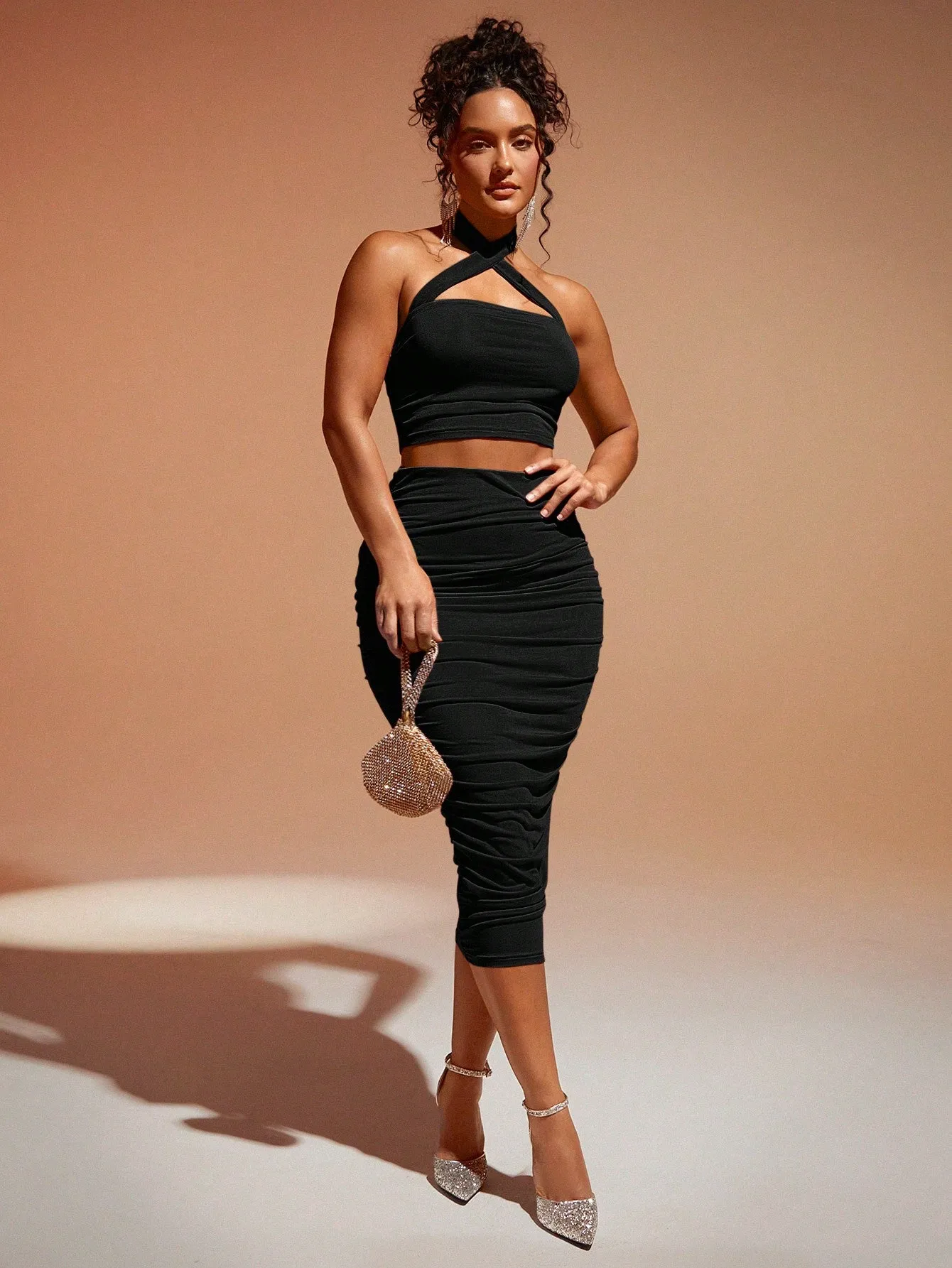 Crisscross Backless Halter Top & Ruched Pencil Skirt SS23