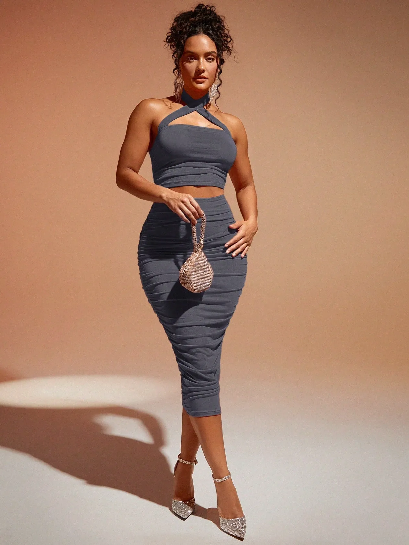 Crisscross Backless Halter Top & Ruched Pencil Skirt SS23