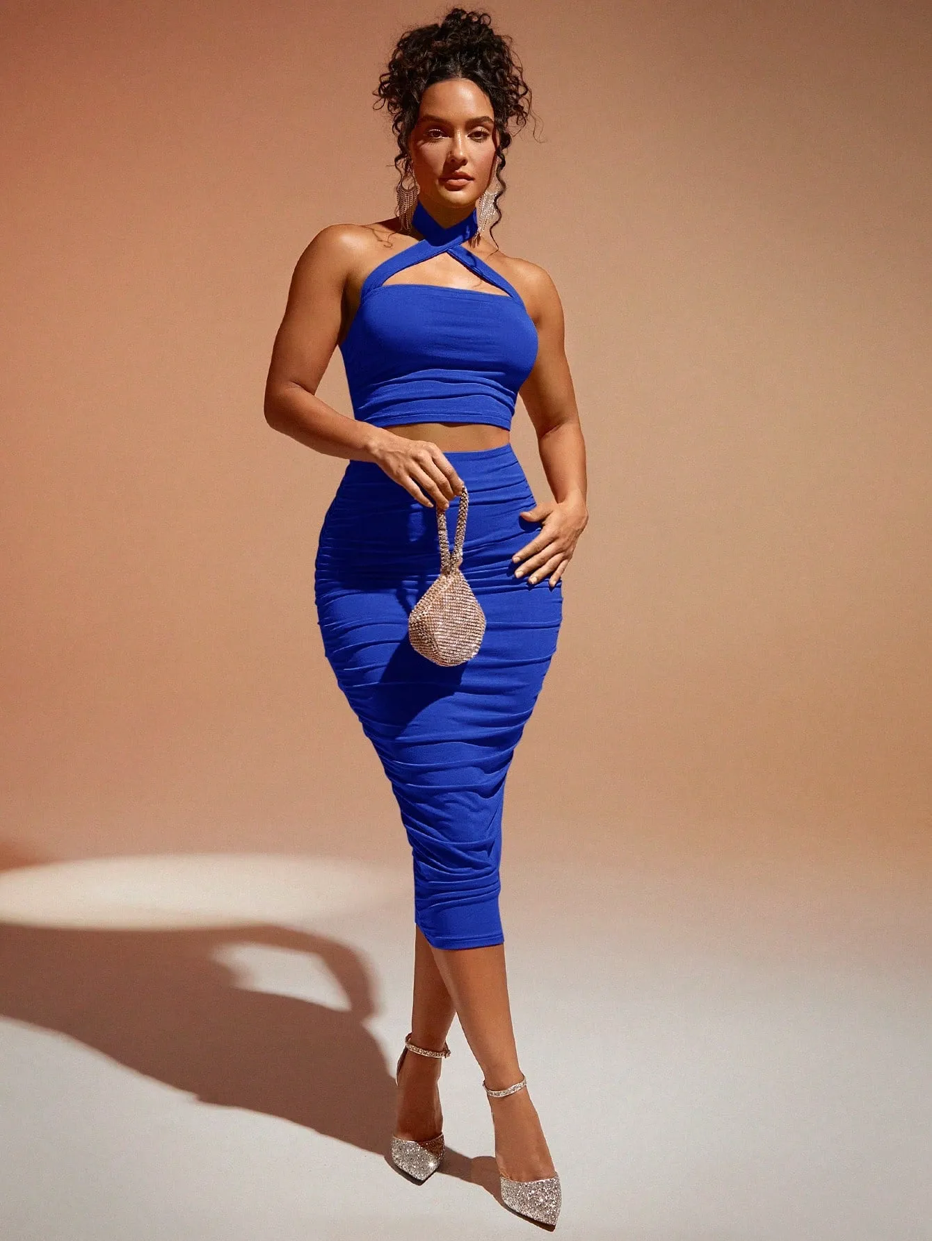 Crisscross Backless Halter Top & Ruched Pencil Skirt SS23