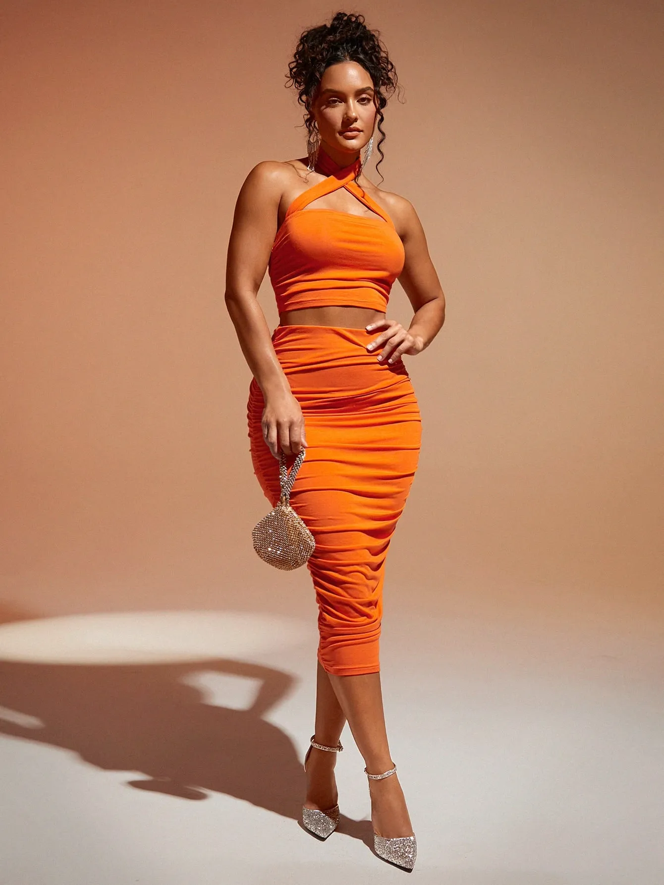 Crisscross Backless Halter Top & Ruched Pencil Skirt SS23