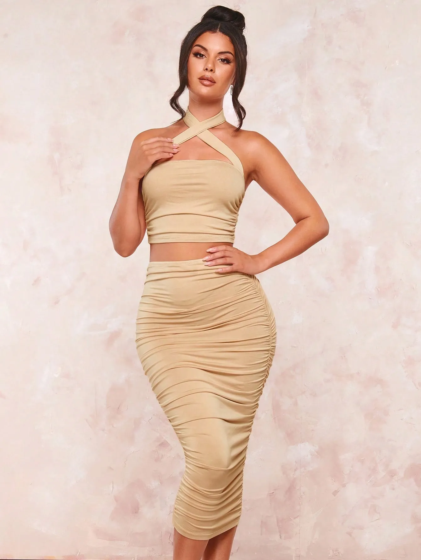 Crisscross Backless Halter Top & Ruched Pencil Skirt SS23