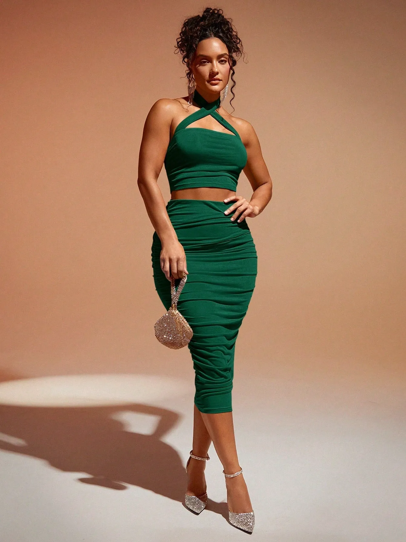 Crisscross Backless Halter Top & Ruched Pencil Skirt SS23