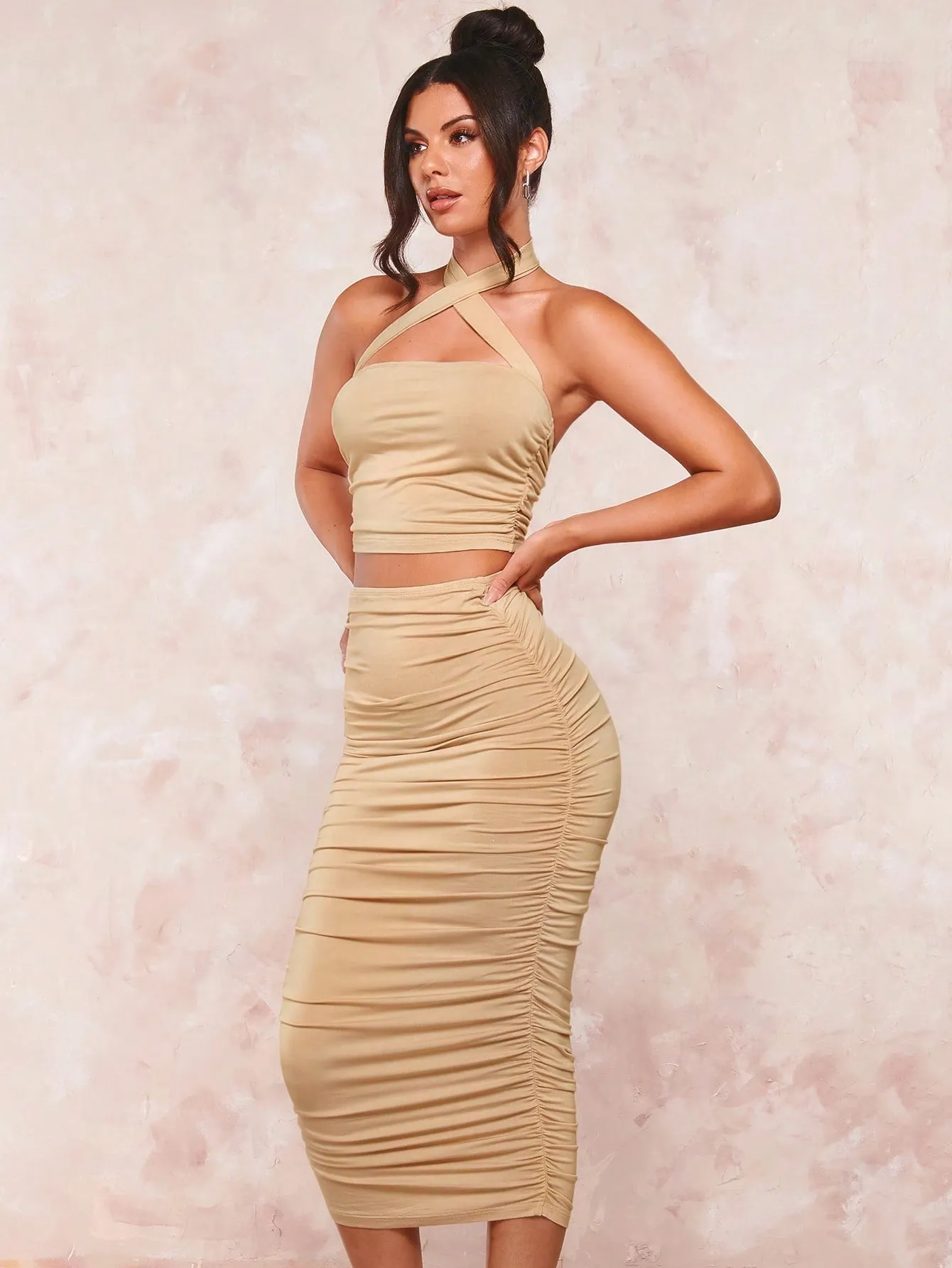 Crisscross Backless Halter Top & Ruched Pencil Skirt SS23