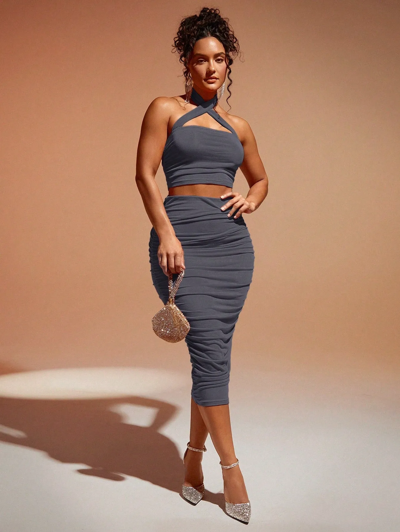 Crisscross Backless Halter Top & Ruched Pencil Skirt SS23