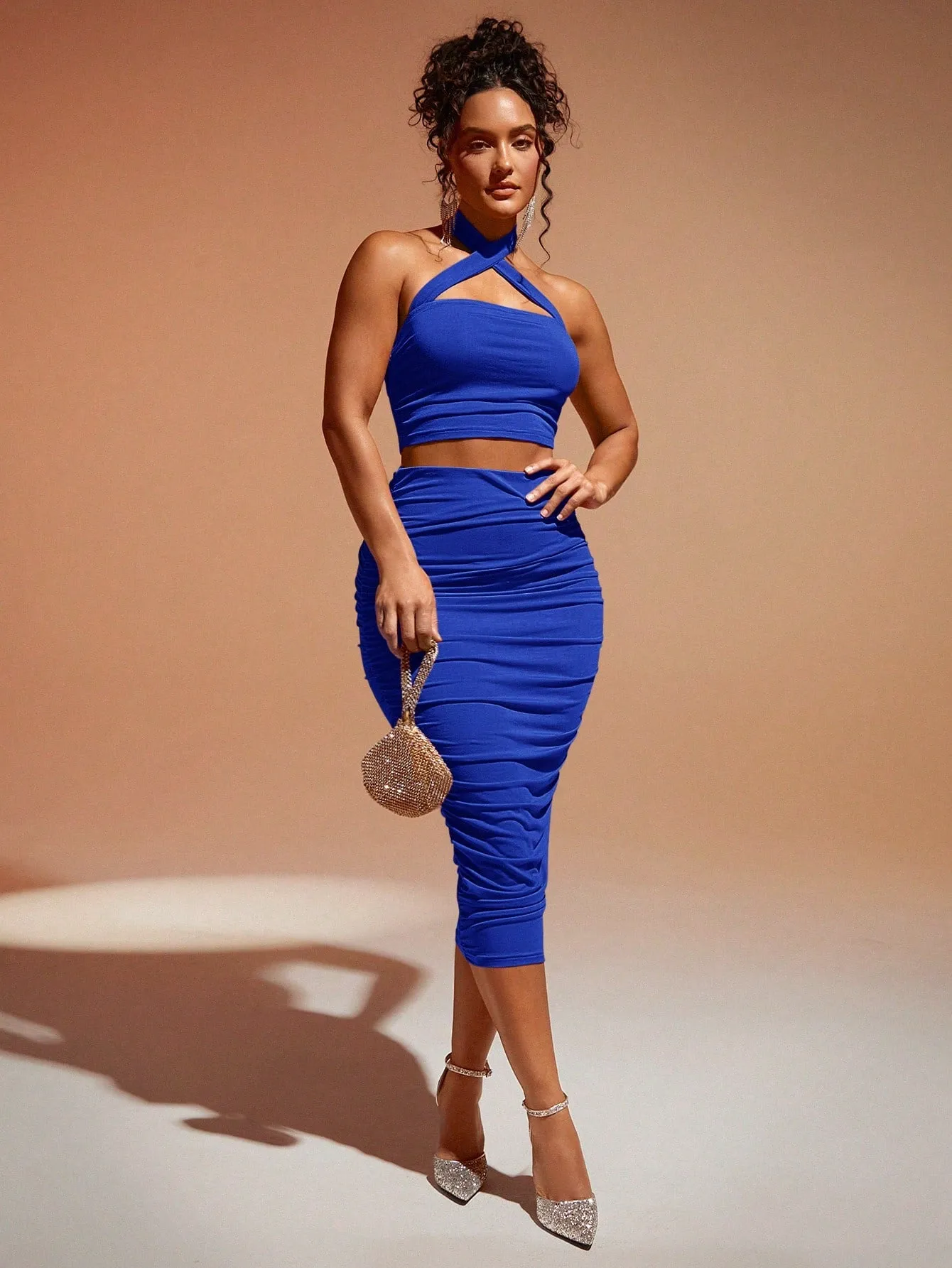 Crisscross Backless Halter Top & Ruched Pencil Skirt SS23