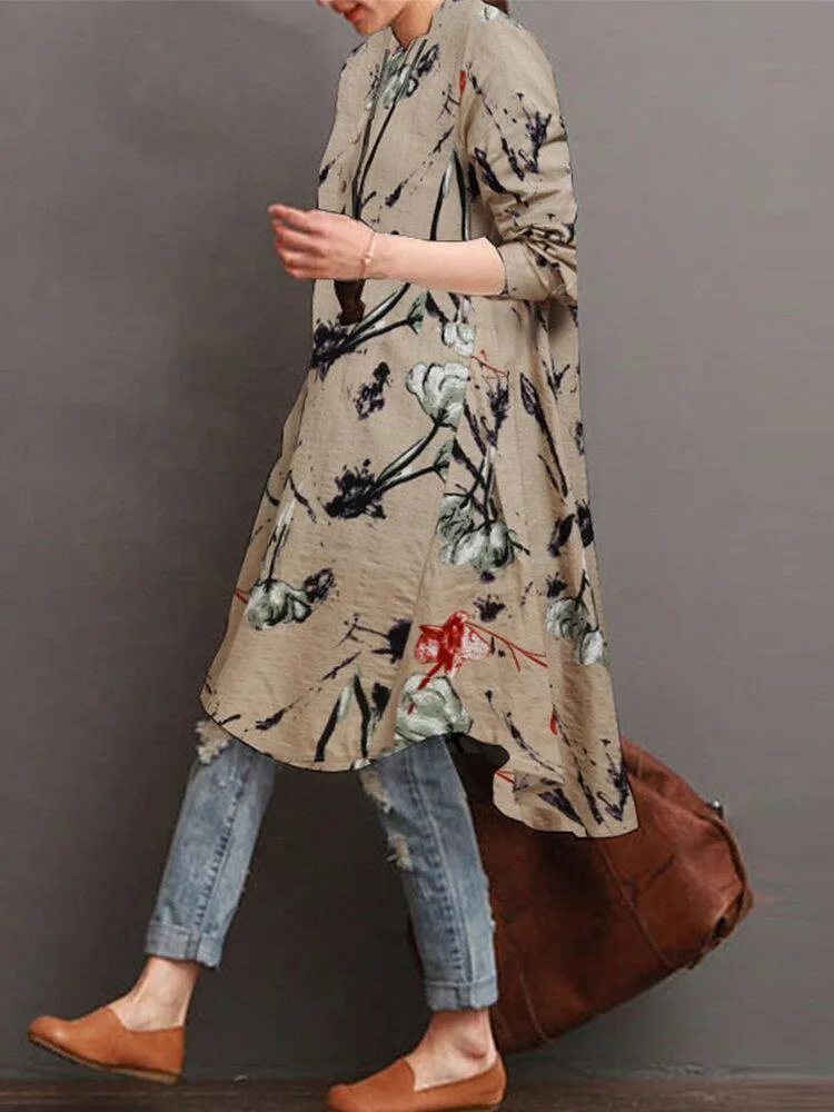 deanwangkt Women Floral Print Button Front High Low Hem Long Sleeve Midi Shirt Dress