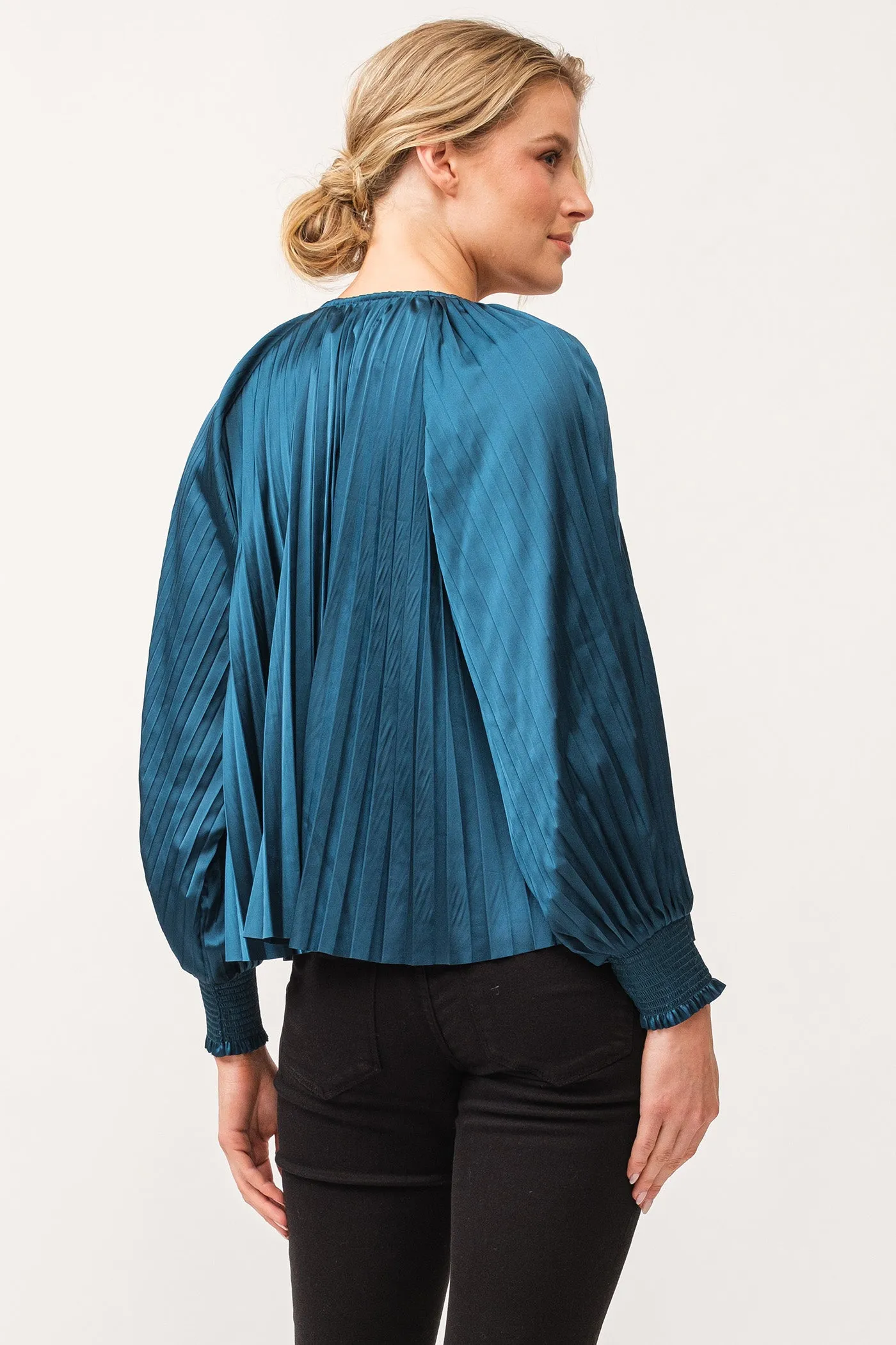 DELETTA PLEATED SATIN RUCHED CUFF TOP DEEP TEAL