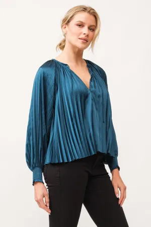 DELETTA PLEATED SATIN RUCHED CUFF TOP DEEP TEAL