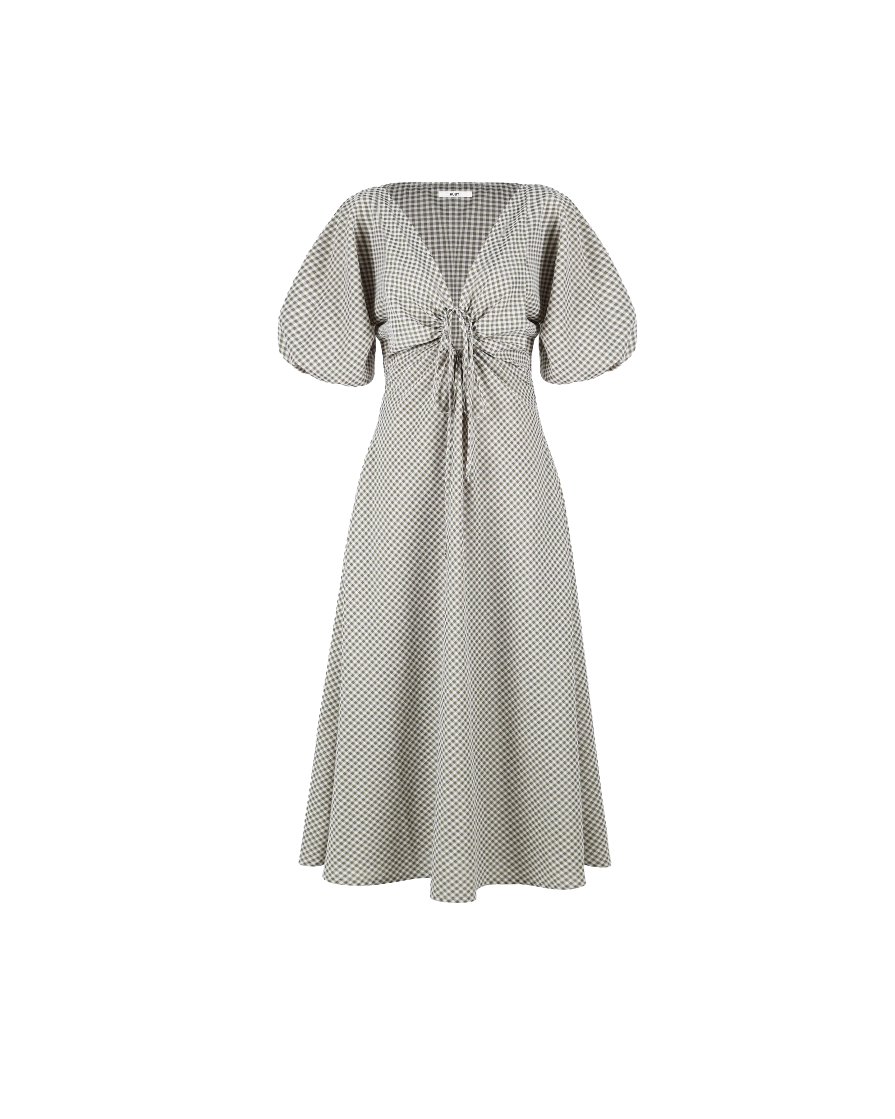 DONOVAN TIE DRESS OLIVE GINGHAM