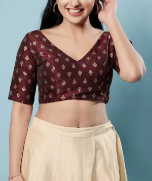 Elegant Maroon Colored Back Open And V- Neck Readymade Blouse For Women