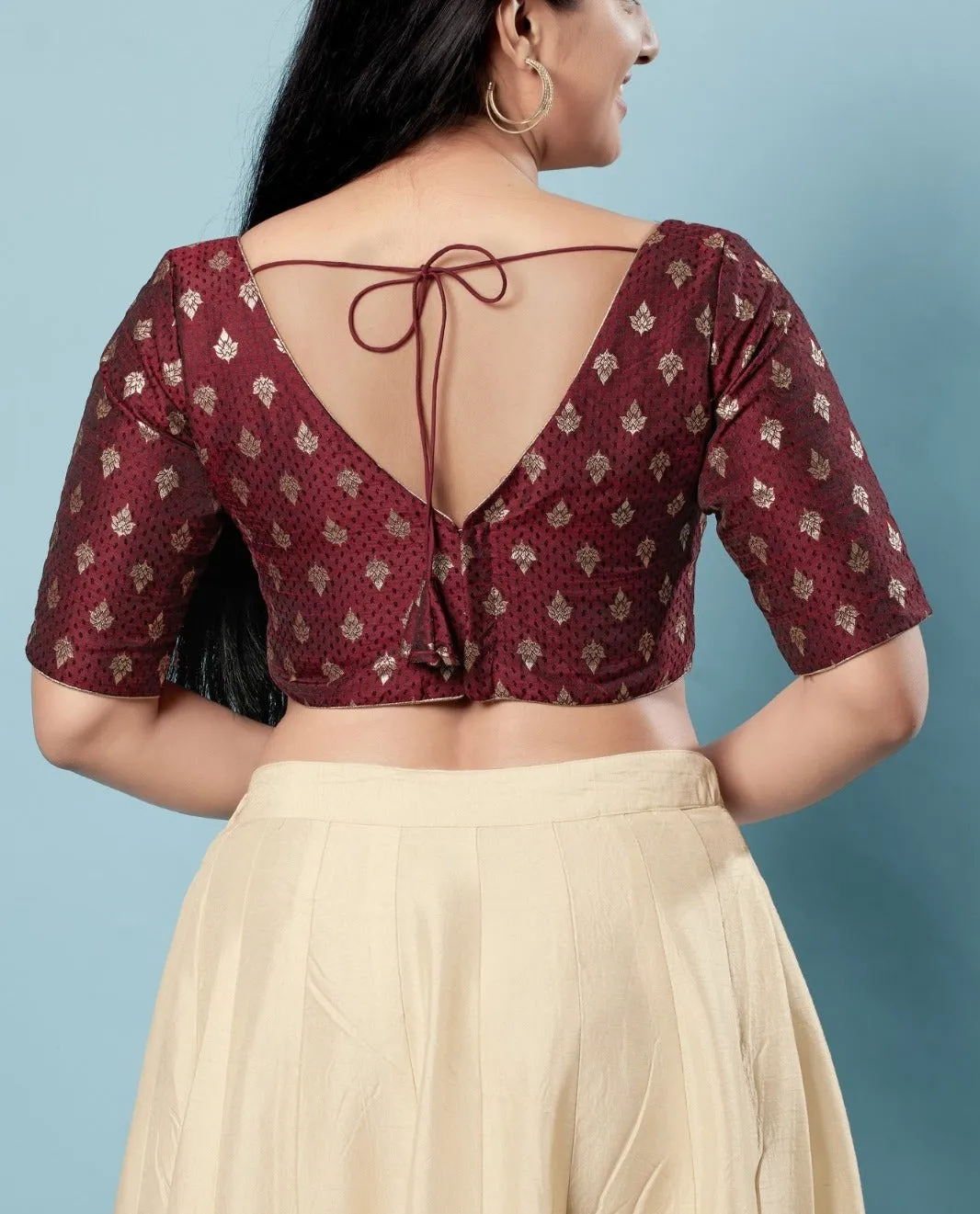 Elegant Maroon Colored Back Open And V- Neck Readymade Blouse For Women