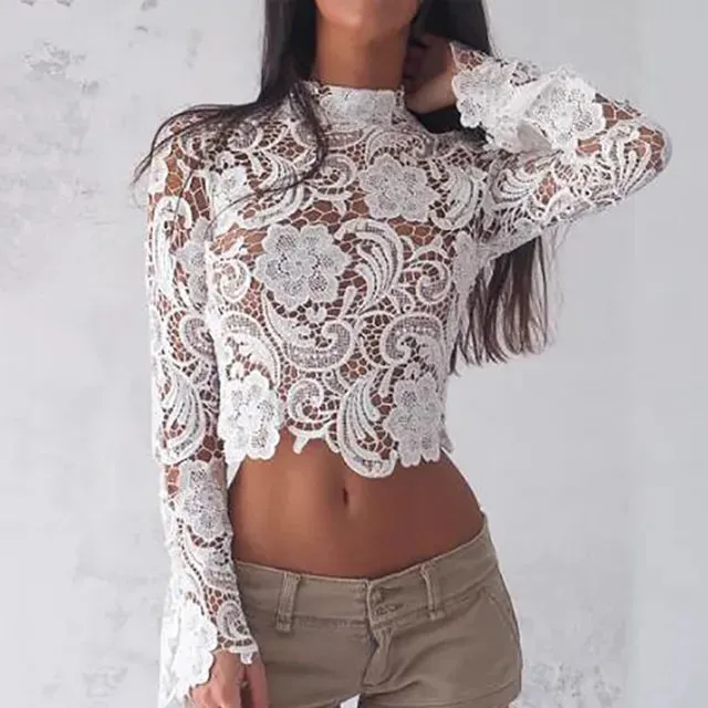 Elegant White Lace blouses See Through Long Sleeve Crochet Short Tops