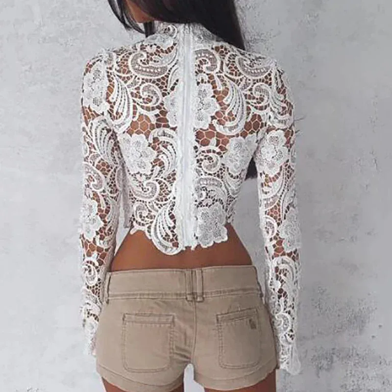 Elegant White Lace blouses See Through Long Sleeve Crochet Short Tops