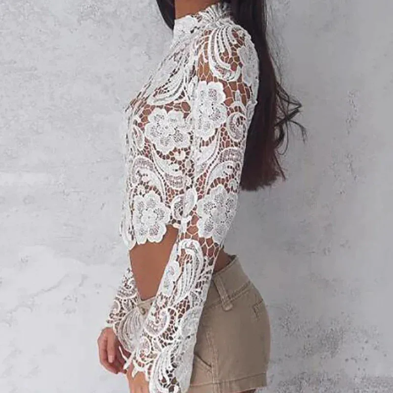 Elegant White Lace blouses See Through Long Sleeve Crochet Short Tops