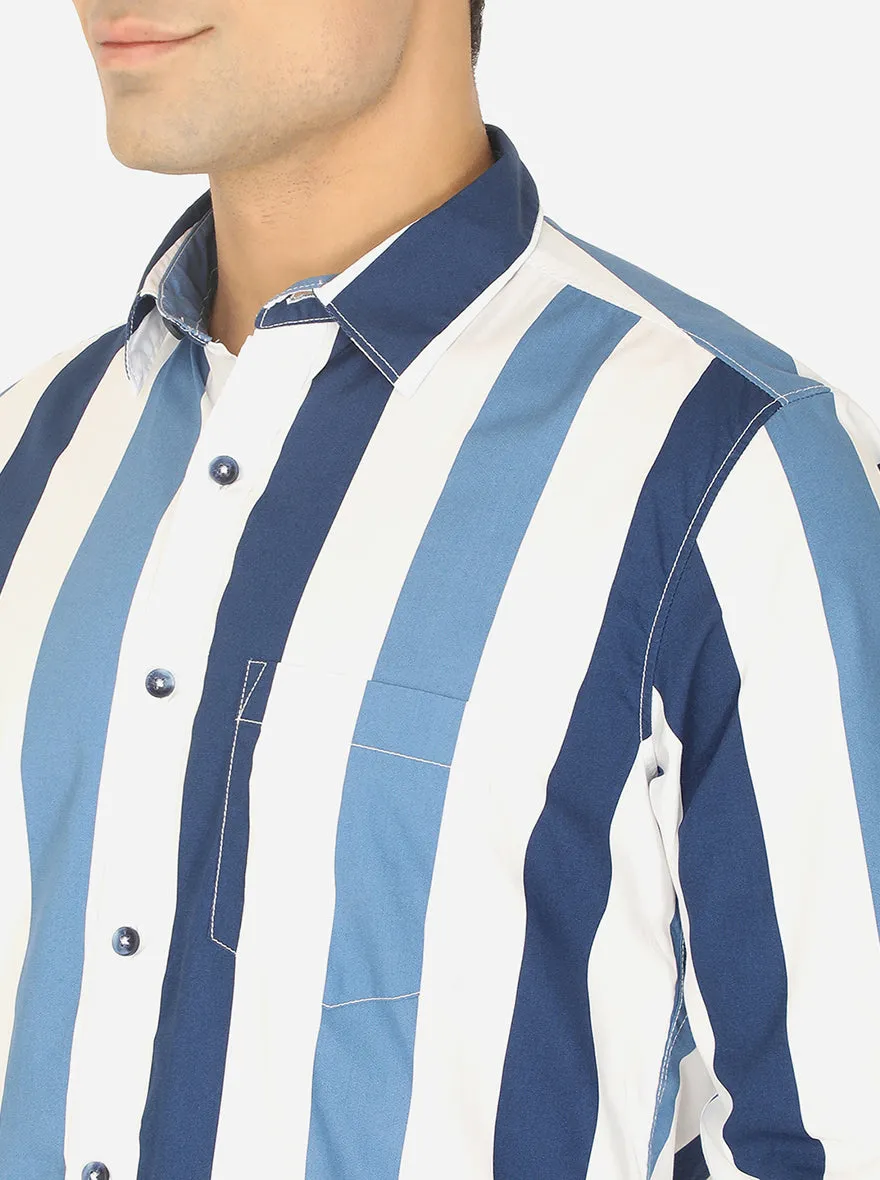 Faded Blue & White Striped Slim Fit Semi Casual Shirt | JadeBlue