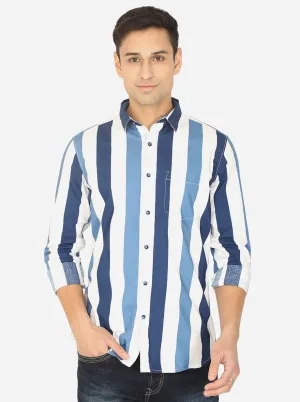 Faded Blue & White Striped Slim Fit Semi Casual Shirt | JadeBlue