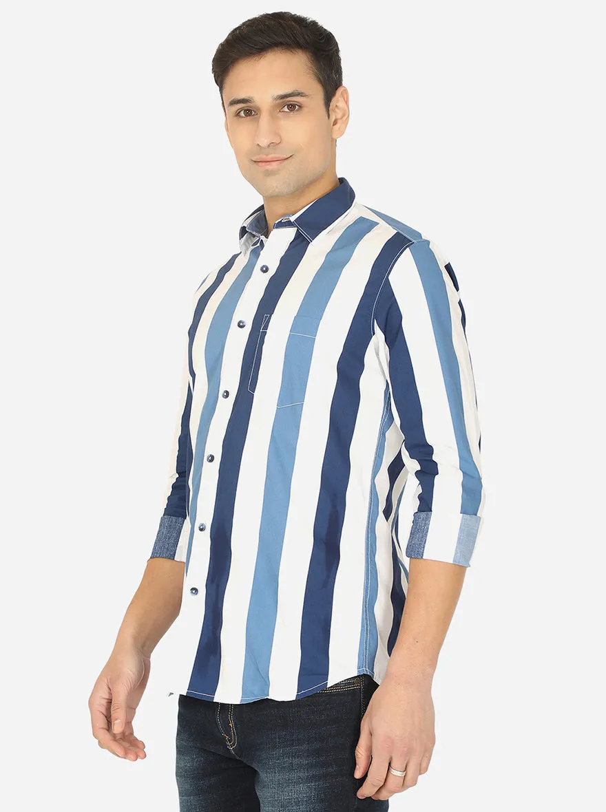 Faded Blue & White Striped Slim Fit Semi Casual Shirt | JadeBlue