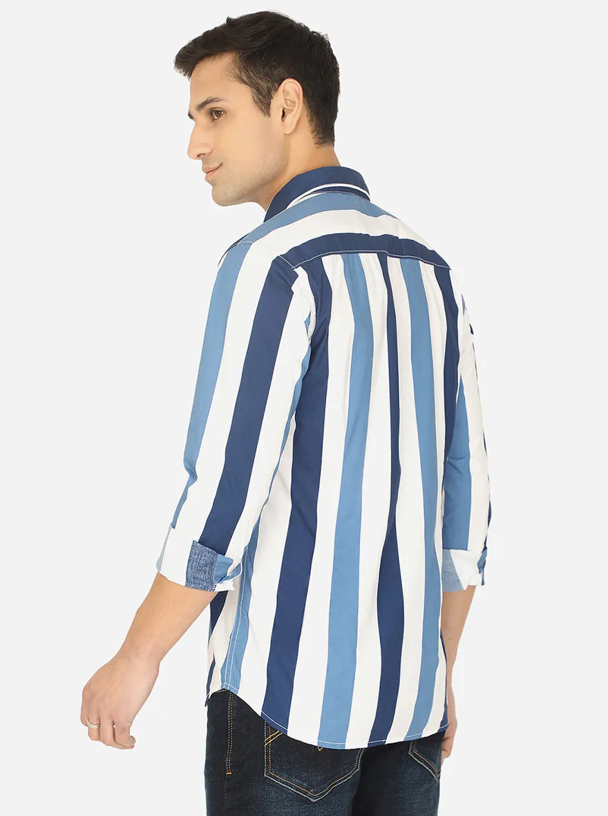 Faded Blue & White Striped Slim Fit Semi Casual Shirt | JadeBlue