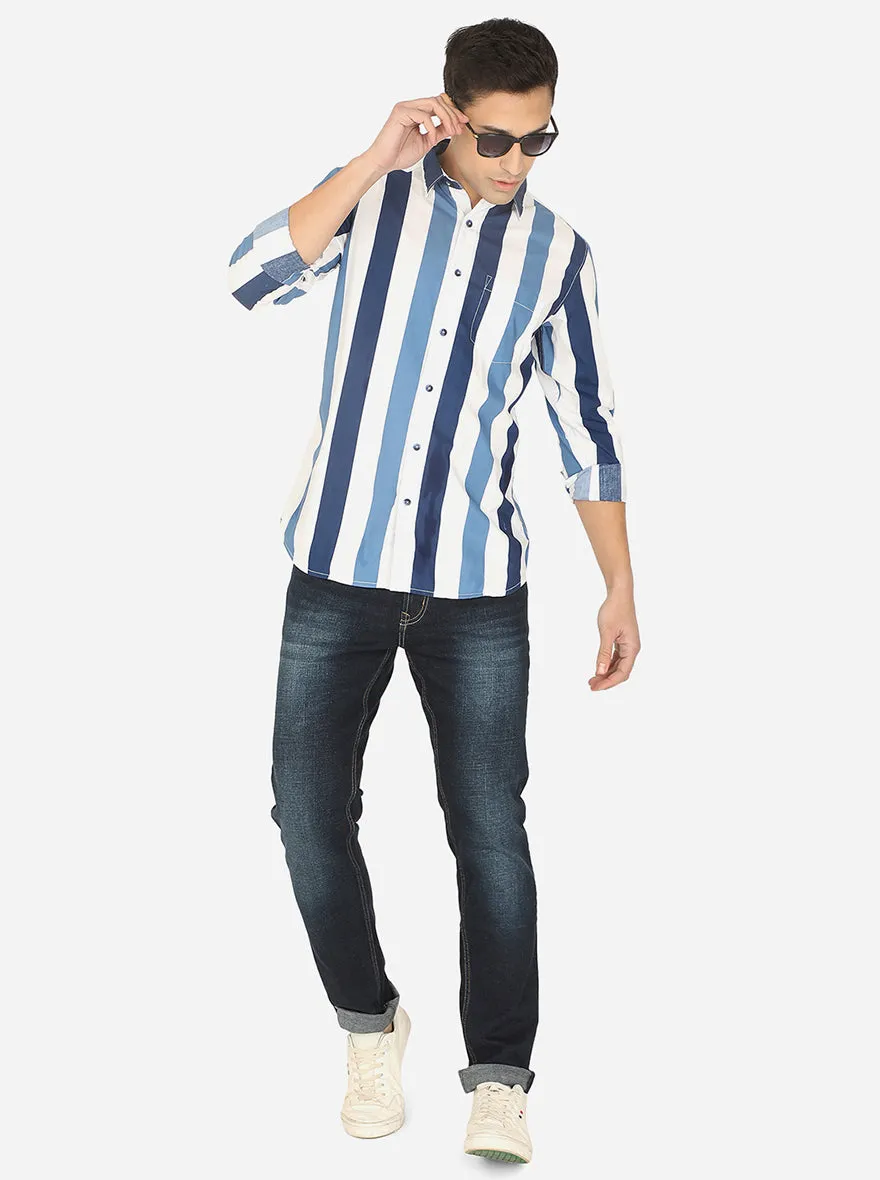 Faded Blue & White Striped Slim Fit Semi Casual Shirt | JadeBlue