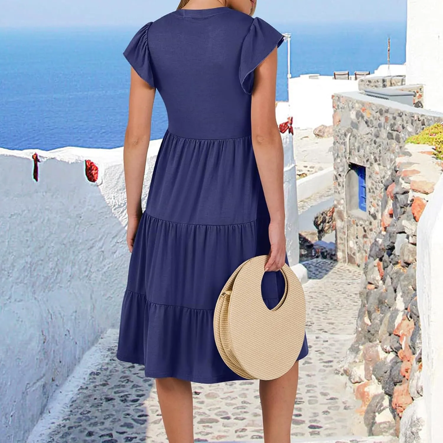 Flowy Swing Tiered Dress Women Summer V Neck Flutter Sleeve Dress with Pocket Vacation Casual Boho Beach Midi Dresses