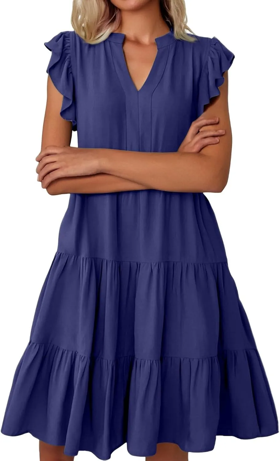 Flowy Swing Tiered Dress Women Summer V Neck Flutter Sleeve Dress with Pocket Vacation Casual Boho Beach Midi Dresses
