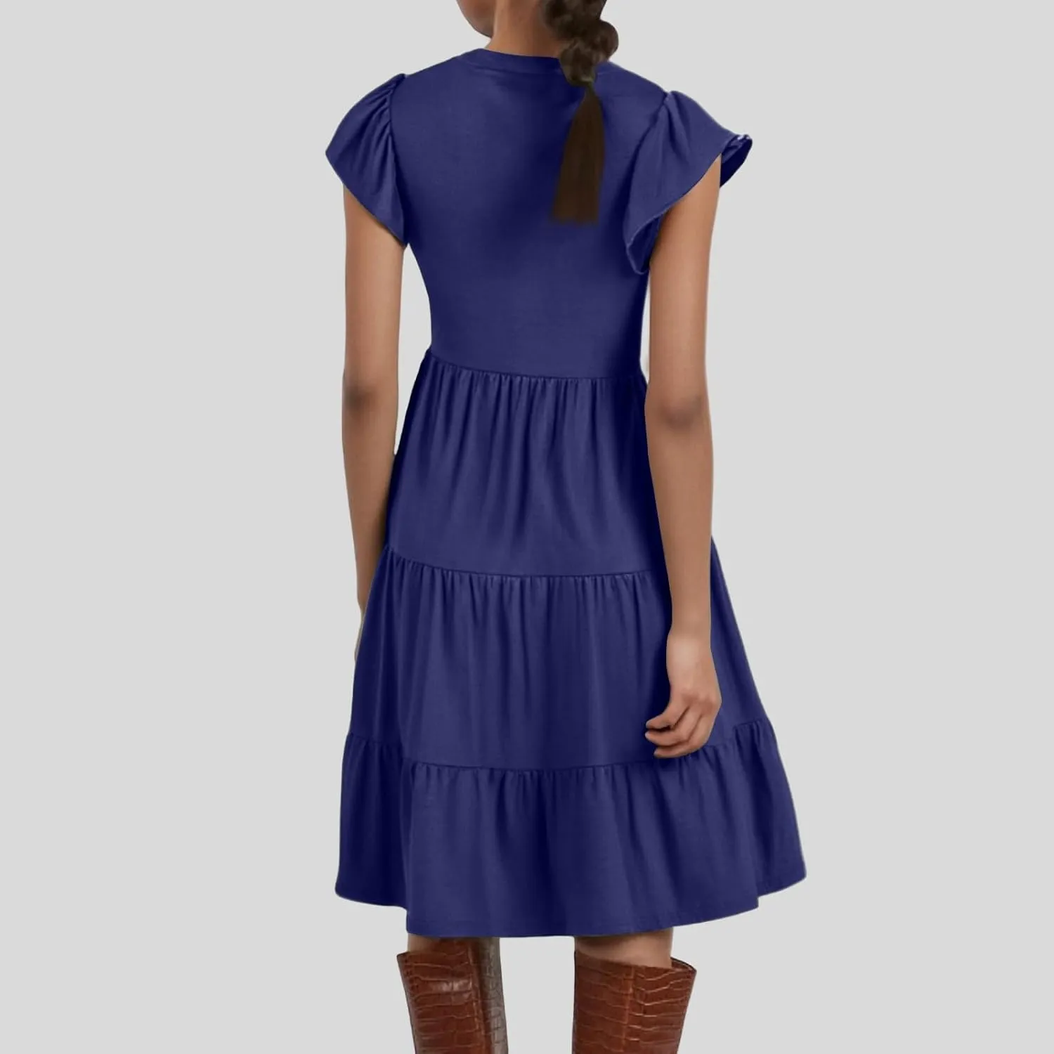 Flowy Swing Tiered Dress Women Summer V Neck Flutter Sleeve Dress with Pocket Vacation Casual Boho Beach Midi Dresses