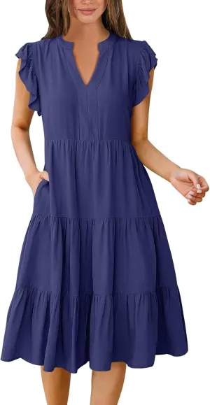 Flowy Swing Tiered Dress Women Summer V Neck Flutter Sleeve Dress with Pocket Vacation Casual Boho Beach Midi Dresses