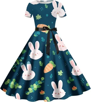 FZVYD Easter Dresses for Women Cute Bunny Colorful Egg Print A-Line Short Sleeve Casual Midi Dress Crewneck Plus Size Dress