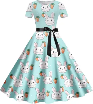 FZVYD Easter Dresses for Women Cute Bunny Colorful Egg Print A-Line Short Sleeve Casual Midi Dress Crewneck Plus Size Dress