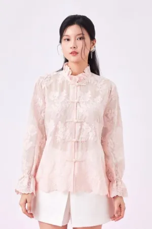 Gelilah Pink Lace Mandarin Collar Top