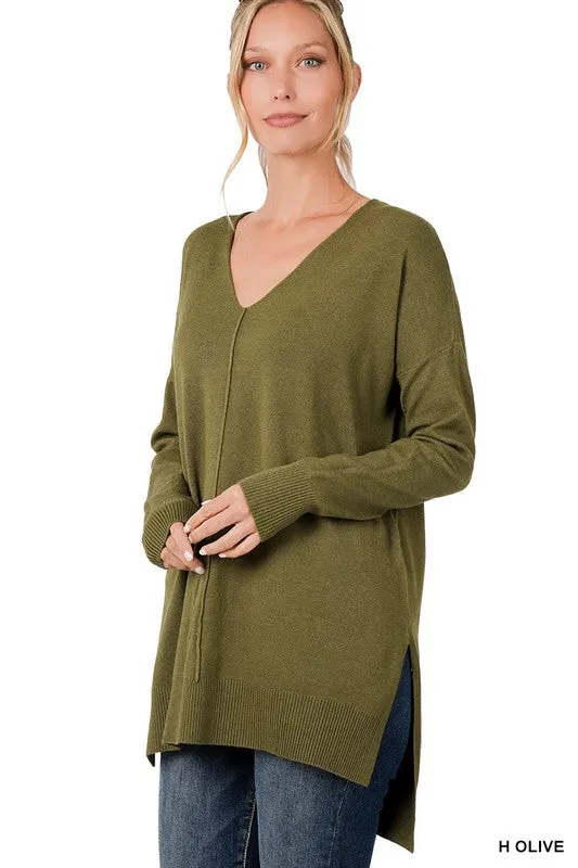 Hi-Low Hem V-Neck Center Seam Sweater - Zenana