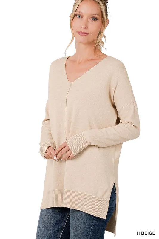 Hi-Low Hem V-Neck Center Seam Sweater - Zenana