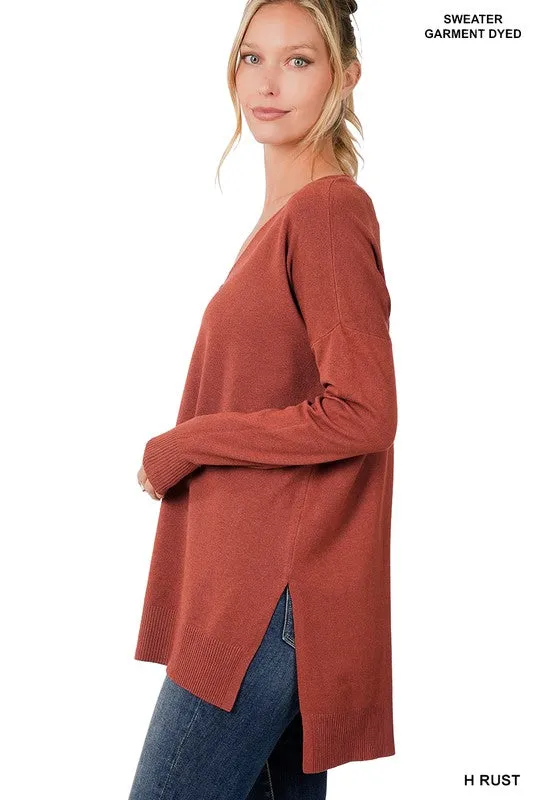 Hi-Low Hem V-Neck Center Seam Sweater - Zenana