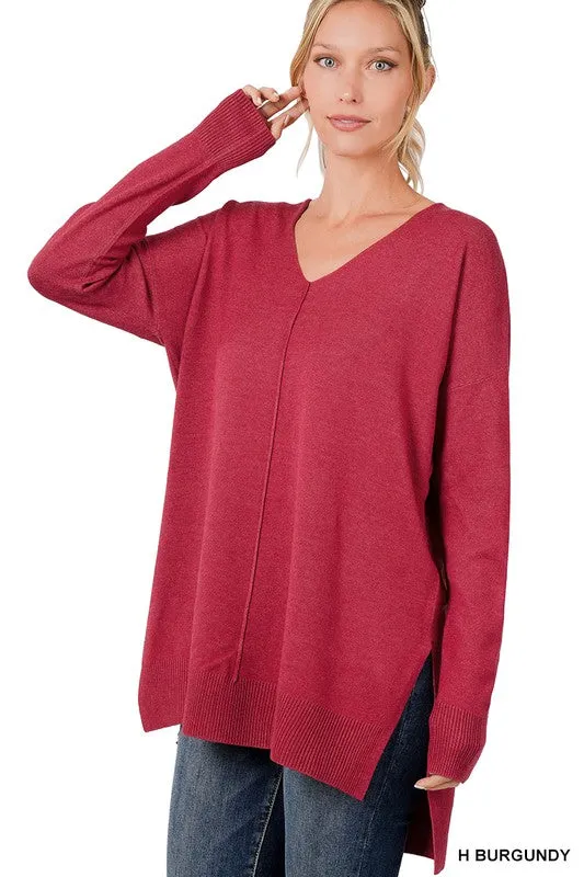 Hi-Low Hem V-Neck Center Seam Sweater - Zenana