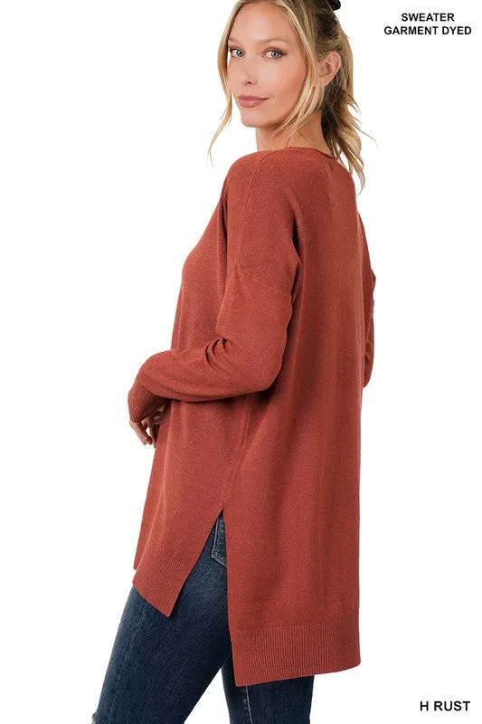 Hi-Low Hem V-Neck Center Seam Sweater - Zenana