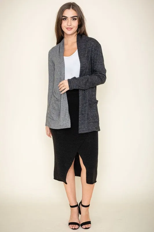 Hip Length Two Tone Knit Cardigan
