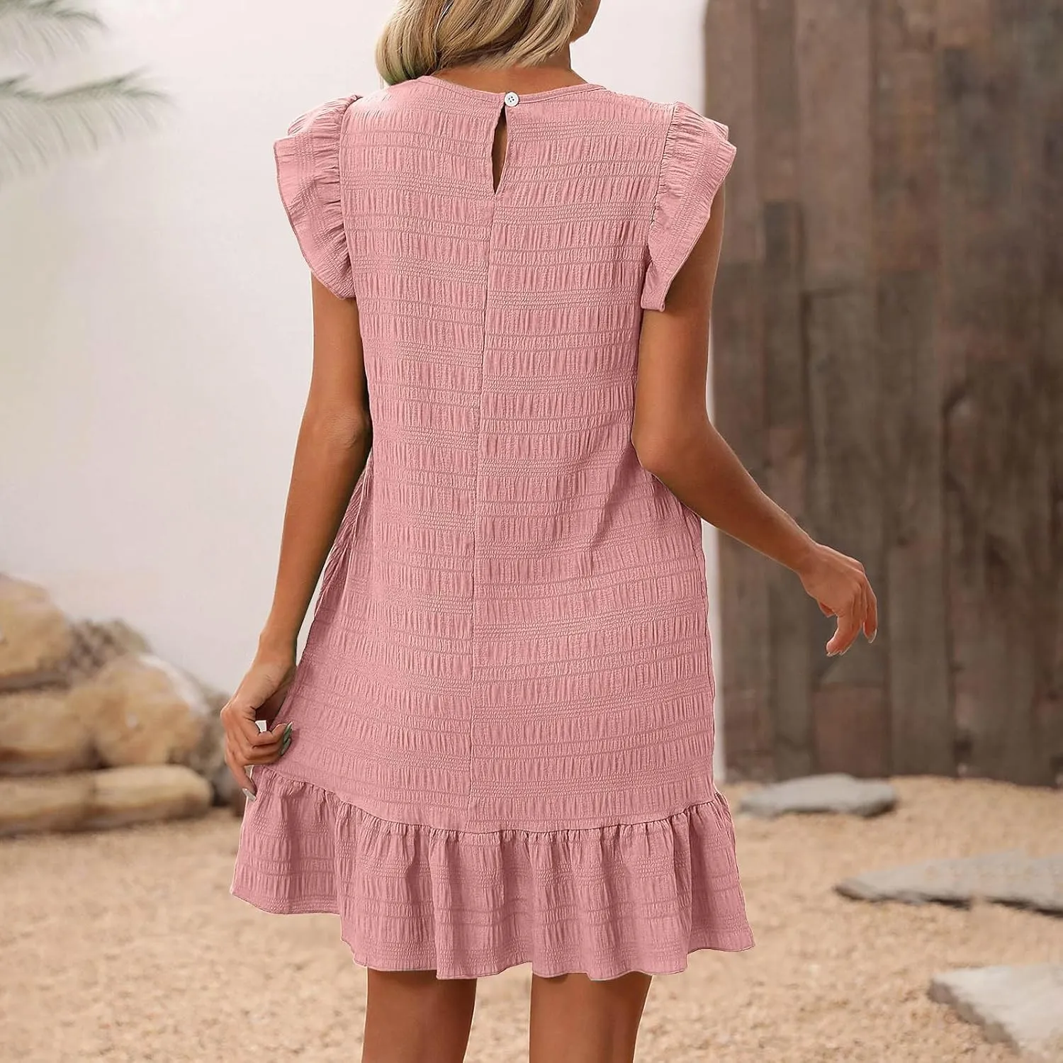 hlysgo Mini Dresses for Women 2025 Summer Casual Loose Frill Sleeve Ruffled Dresses Ladies A-Line Flowy Vacation Beach Dress
