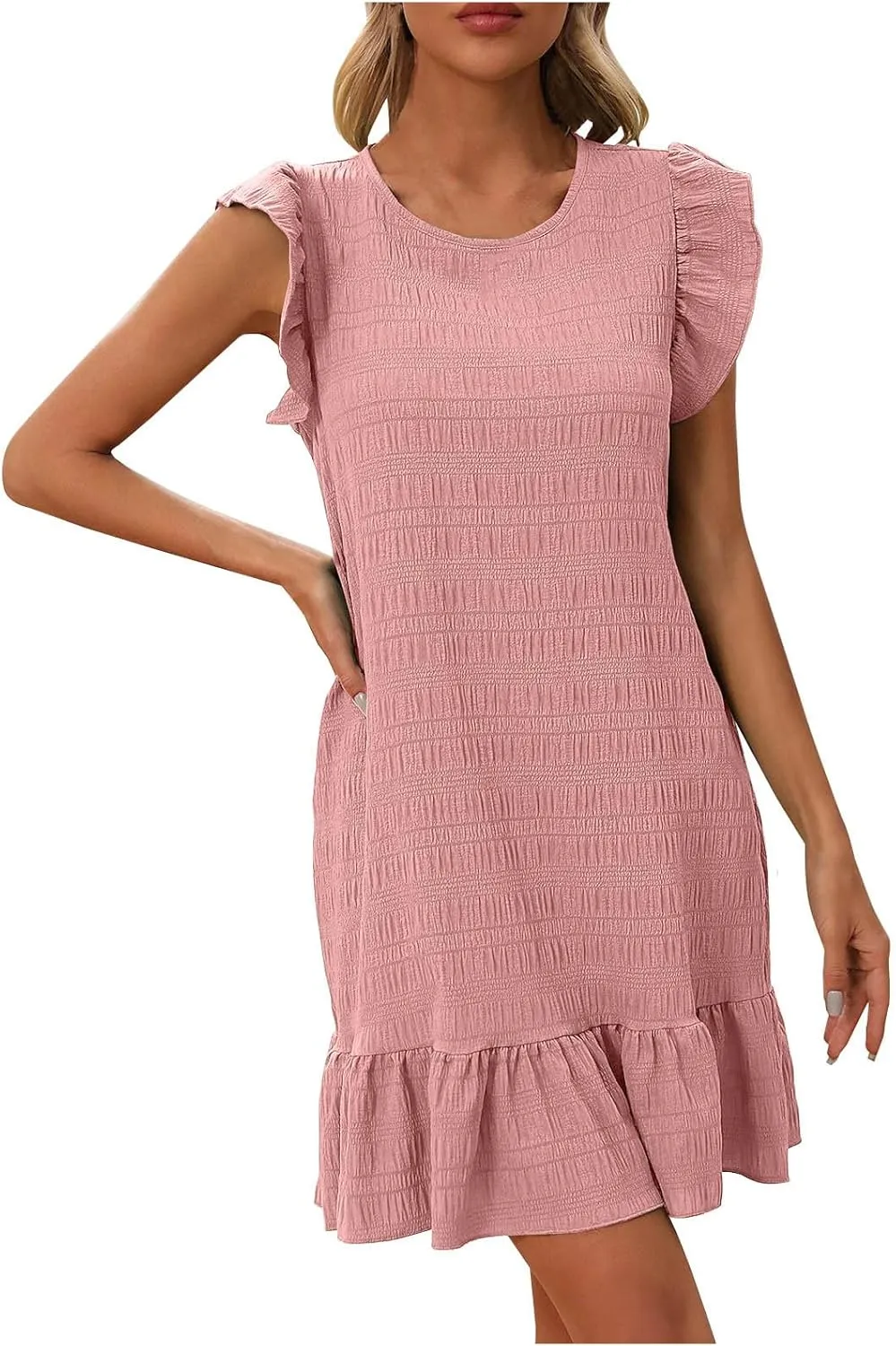 hlysgo Mini Dresses for Women 2025 Summer Casual Loose Frill Sleeve Ruffled Dresses Ladies A-Line Flowy Vacation Beach Dress