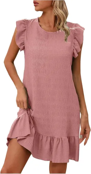 hlysgo Mini Dresses for Women 2025 Summer Casual Loose Frill Sleeve Ruffled Dresses Ladies A-Line Flowy Vacation Beach Dress
