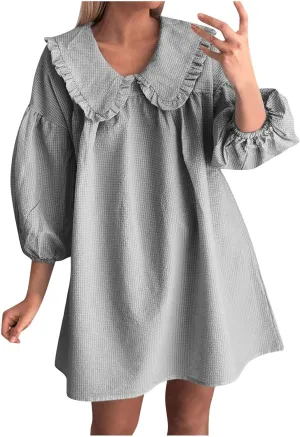 hlysgo Vacation Dresses for Women 2025 Casual Loose Fit 3/4 Sleeve Collar Neck Mini Dress Summer Solid Beach Babydoll Dress
