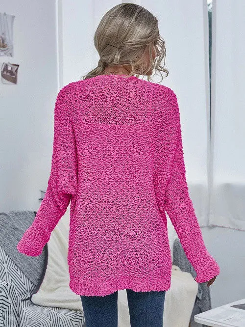 Hot Pink Knit Open Cardigan With Pockets