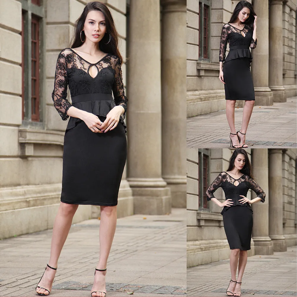 Lace 3/4 Sleeves Bodycon Hollow Out Knee-length Dress