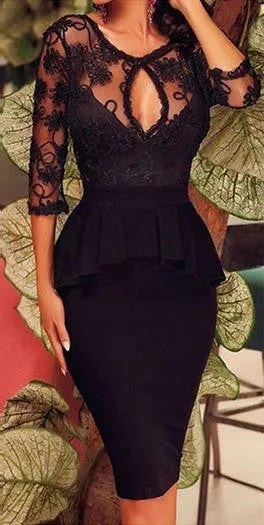 Lace 3/4 Sleeves Bodycon Hollow Out Knee-length Dress