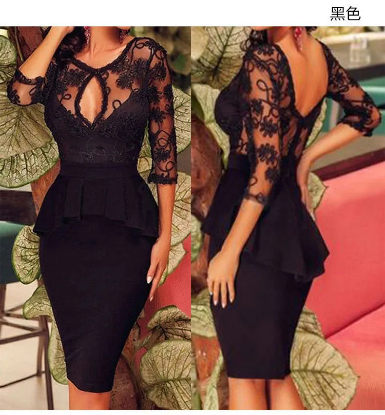 Lace 3/4 Sleeves Bodycon Hollow Out Knee-length Dress