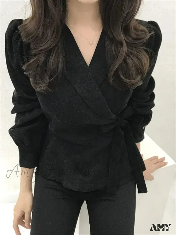 Lace-Up Vintage V-Neck Long Sleeve Elegant Slims Blouse