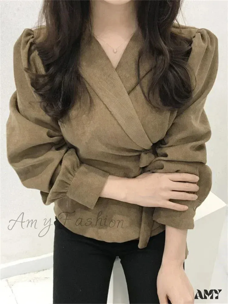 Lace-Up Vintage V-Neck Long Sleeve Elegant Slims Blouse